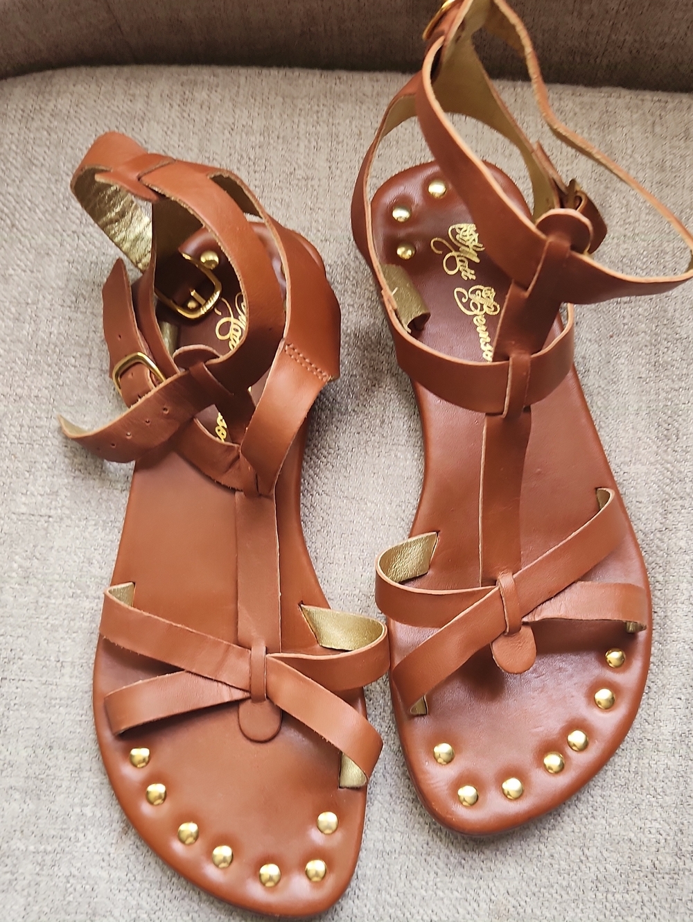 Matt Bernson Women's Brown Leather Gladiator Sandals with Gold Studs